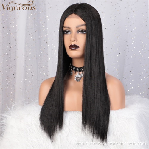 Vigorous High Temperature Top Quality  Long Silky Straight Black Wigs Middle Part Lace Wigs For White Women Wholesale